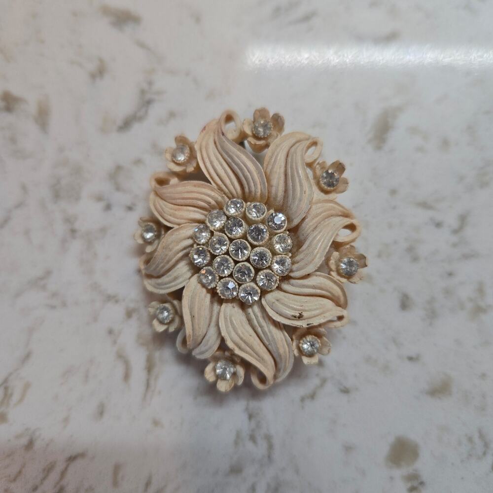 Vintage Celluloid Brooch Floral Rhinestone Ivory Cream